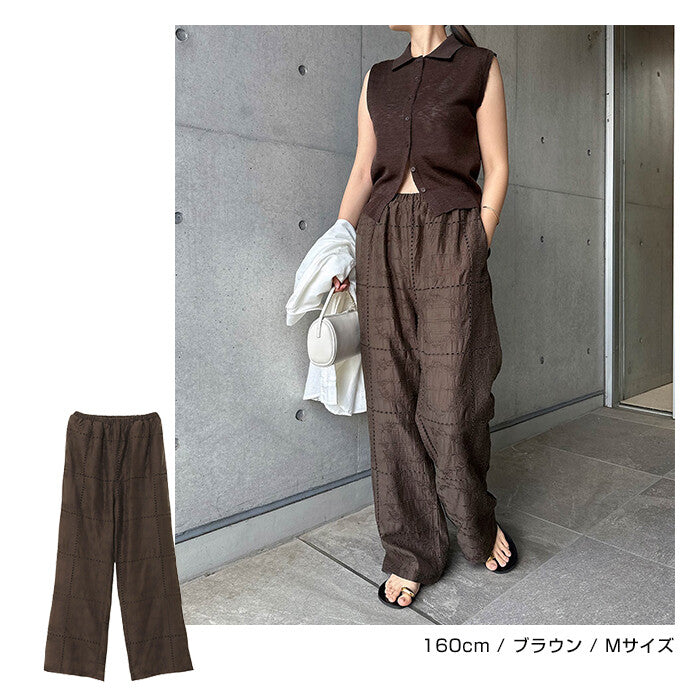 【Alma Design】拼接風刺繡透膚寬褲 鬆緊腰渡假風長褲 顏色