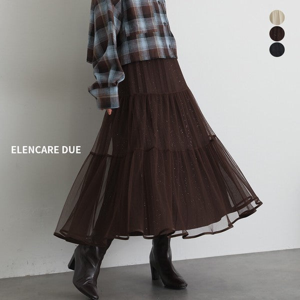 新品ELENCARE DUE 閃耀細褶網紗層次蛋糕長裙 Japan E-Shop