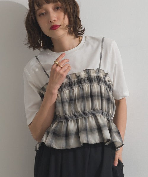 【ELENCARE DUE】2026春季新品 先染透膚格紋襯衫＋抓皺荷葉邊馬甲兩件套組 Japan E-Shop