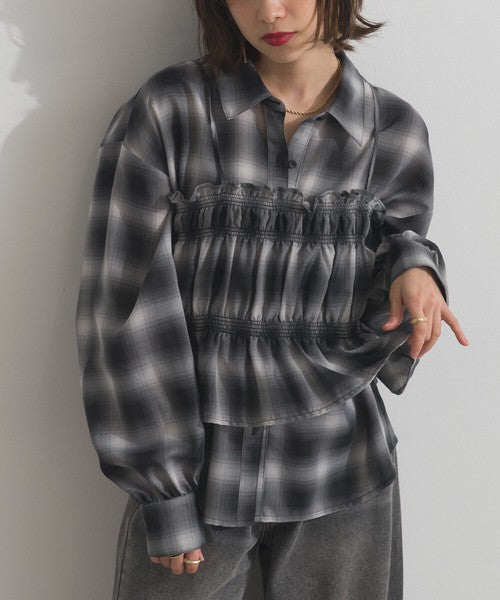 【ELENCARE DUE】2026春季新品 先染透膚格紋襯衫＋抓皺荷葉邊馬甲兩件套組 Japan E-Shop