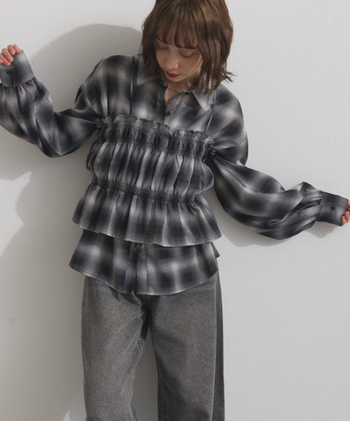 【ELENCARE DUE】2026春季新品 先染透膚格紋襯衫＋抓皺荷葉邊馬甲兩件套組 Japan E-Shop