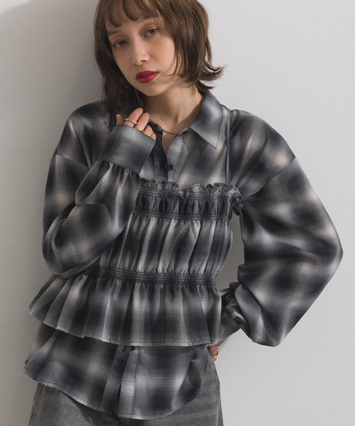 【ELENCARE DUE】2026春季新品 先染透膚格紋襯衫＋抓皺荷葉邊馬甲兩件套組 Japan E-Shop