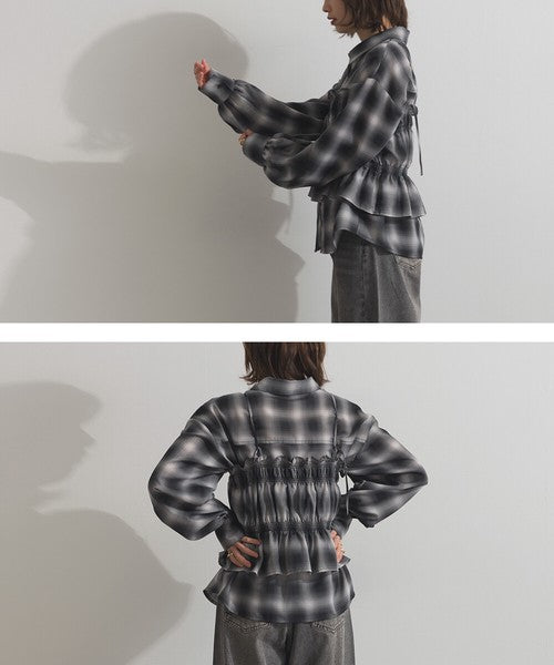 【ELENCARE DUE】2026春季新品 先染透膚格紋襯衫＋抓皺荷葉邊馬甲兩件套組 Japan E-Shop