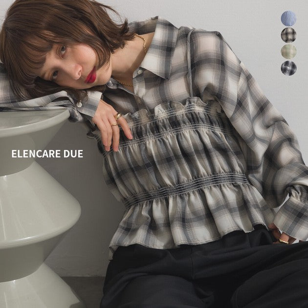 【ELENCARE DUE】2026春季新品 先染透膚格紋襯衫＋抓皺荷葉邊馬甲兩件套組 Japan E-Shop