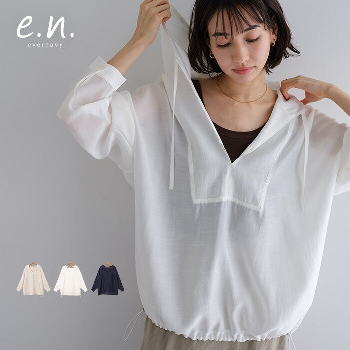 【evernavy】輕薄透膚連帽抽繩長袖襯衫 Japan E-Shop