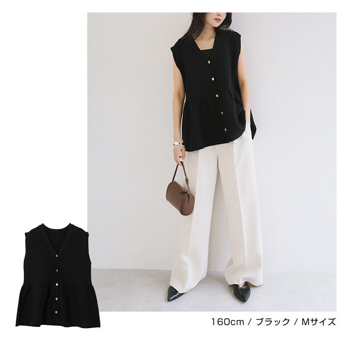 【Alma Design】金屬釦V領波浪下擺針織背心 修身顯瘦剪裁 顏色