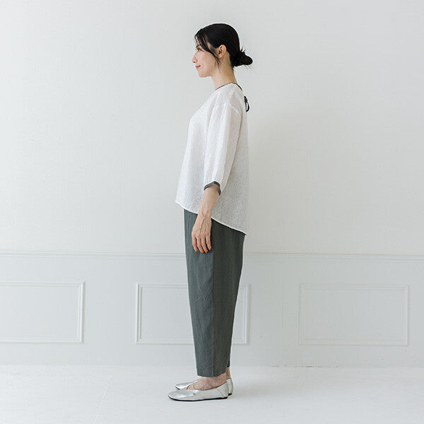 【crea delice】亞麻拼色後綁帶七分袖襯衫 Japan E-Shop