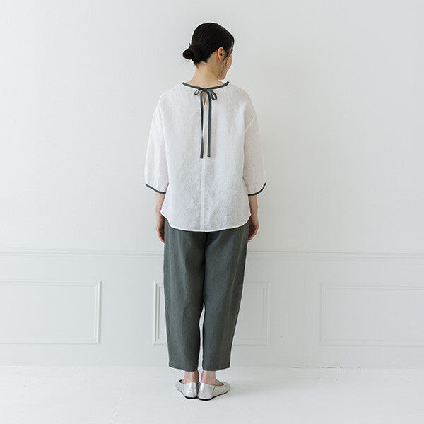 【crea delice】亞麻拼色後綁帶七分袖襯衫 Japan E-Shop