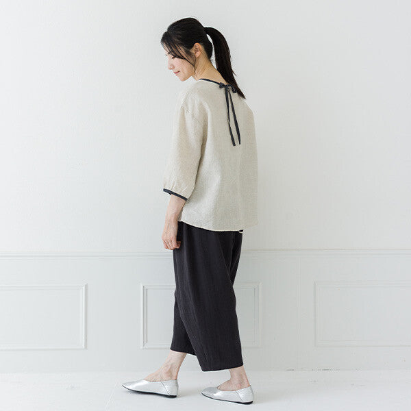 【crea delice】亞麻拼色後綁帶七分袖襯衫 Japan E-Shop