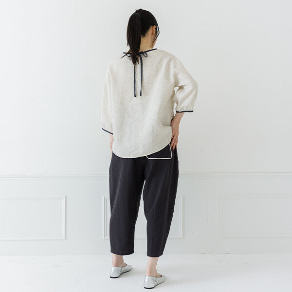 【crea delice】亞麻拼色後綁帶七分袖襯衫 Japan E-Shop