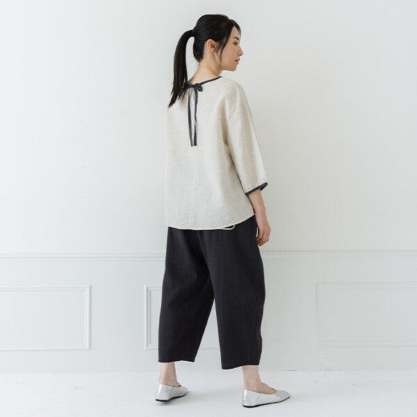 【crea delice】亞麻拼色後綁帶七分袖襯衫 Japan E-Shop
