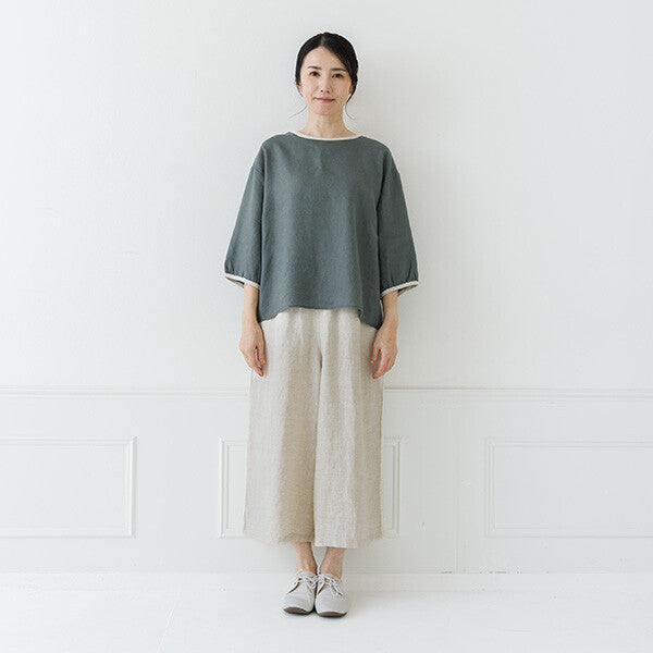 【crea delice】亞麻拼色後綁帶七分袖襯衫 Japan E-Shop