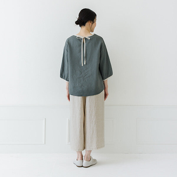 【crea delice】亞麻拼色後綁帶七分袖襯衫 Japan E-Shop