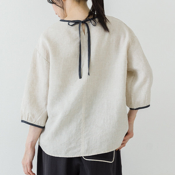 【crea delice】亞麻拼色後綁帶七分袖襯衫 Japan E-Shop
