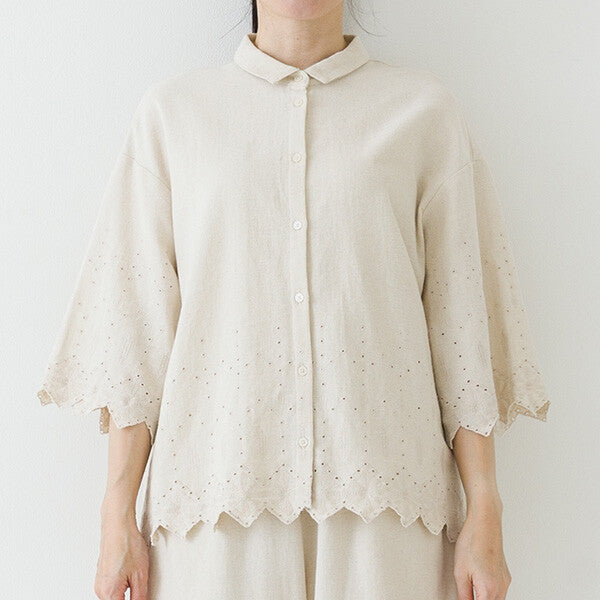【crea delice】棉麻波浪邊刺繡七分袖襯衫 Japan E-Shop