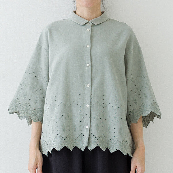 【crea delice】棉麻波浪邊刺繡七分袖襯衫 Japan E-Shop