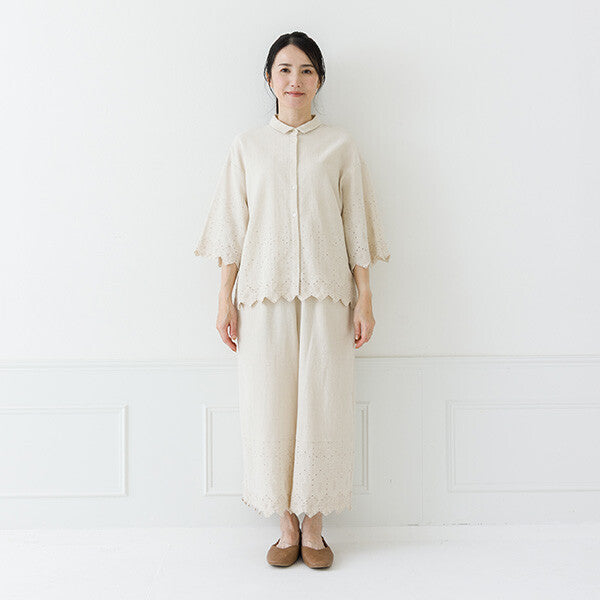 【crea delice】棉麻波浪邊刺繡七分袖襯衫 Japan E-Shop