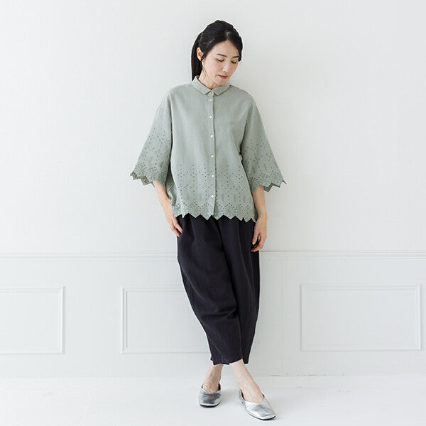 【crea delice】棉麻波浪邊刺繡七分袖襯衫 Japan E-Shop