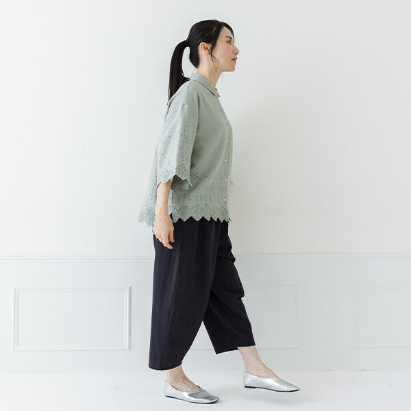 【crea delice】棉麻波浪邊刺繡七分袖襯衫 Japan E-Shop