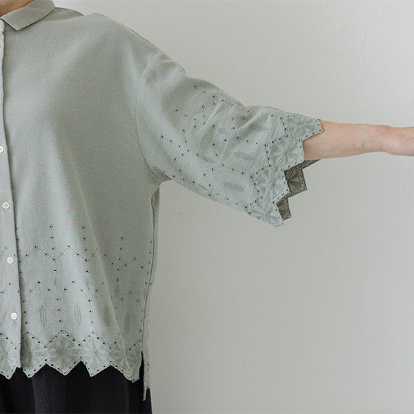 【crea delice】棉麻波浪邊刺繡七分袖襯衫 Japan E-Shop