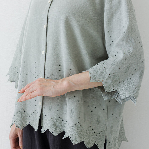 【crea delice】棉麻波浪邊刺繡七分袖襯衫 Japan E-Shop