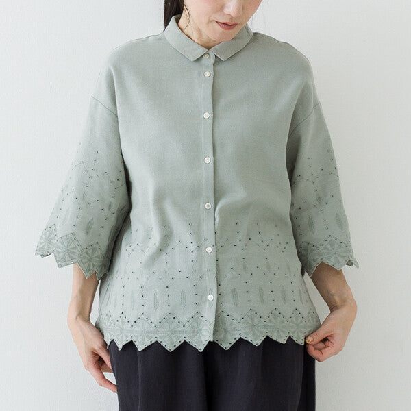 【crea delice】棉麻波浪邊刺繡七分袖襯衫 Japan E-Shop