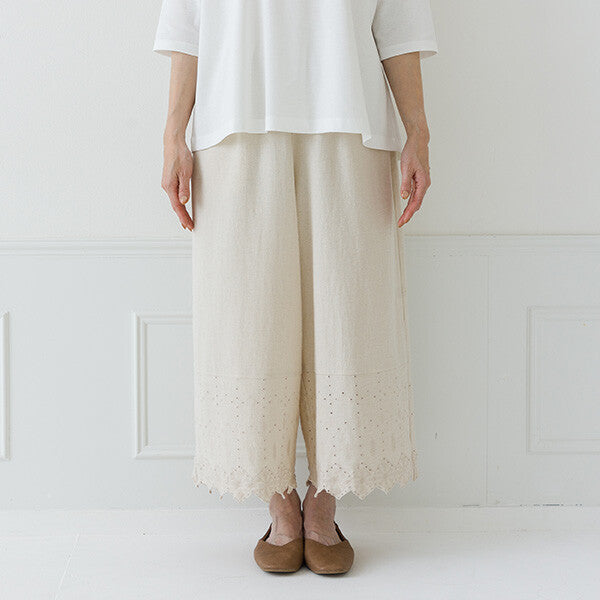 【crea delice】棉麻波浪邊刺繡寬長褲 Japan E-Shop