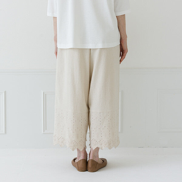 【crea delice】棉麻波浪邊刺繡寬長褲 Japan E-Shop