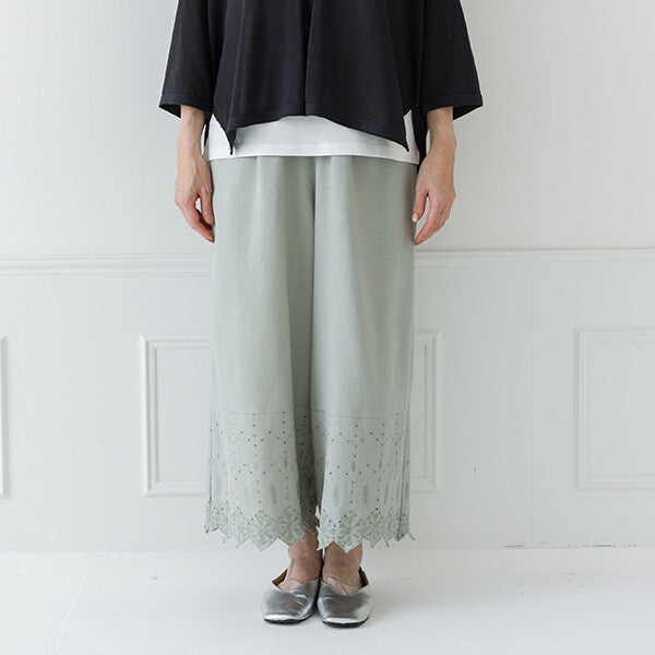 【crea delice】棉麻波浪邊刺繡寬長褲 Japan E-Shop