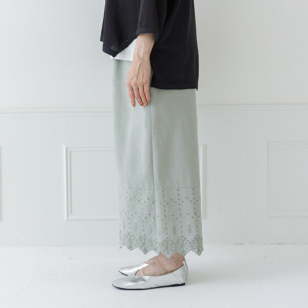 【crea delice】棉麻波浪邊刺繡寬長褲 Japan E-Shop