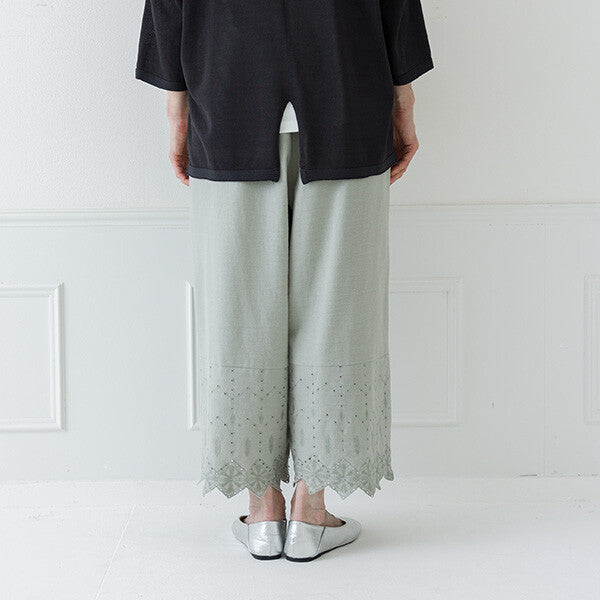 【crea delice】棉麻波浪邊刺繡寬長褲 Japan E-Shop