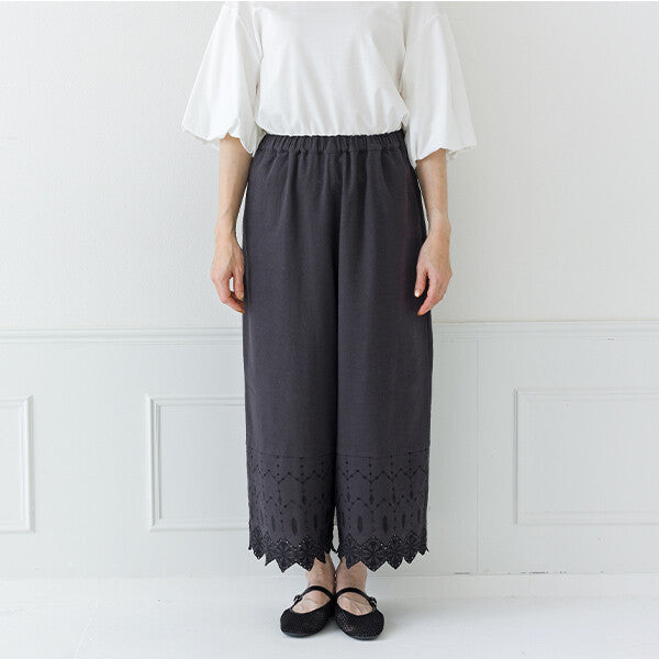 【crea delice】棉麻波浪邊刺繡寬長褲 Japan E-Shop