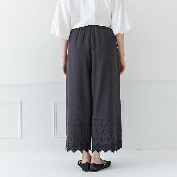 【crea delice】棉麻波浪邊刺繡寬長褲 Japan E-Shop