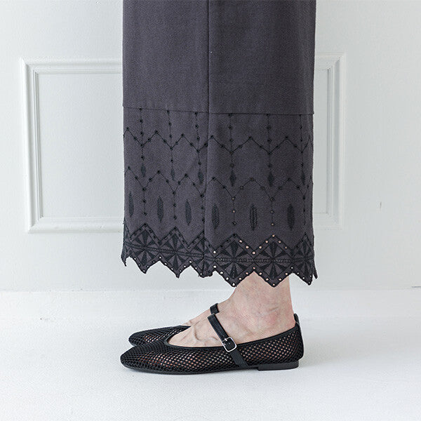 【crea delice】棉麻波浪邊刺繡寬長褲 Japan E-Shop