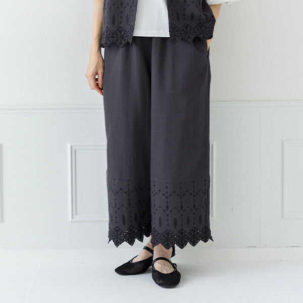 【crea delice】棉麻波浪邊刺繡寬長褲 Japan E-Shop