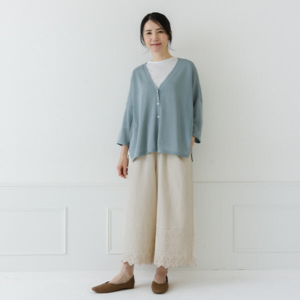 【crea delice】仿亞麻V領七分袖寬版針織外套 Japan E-Shop