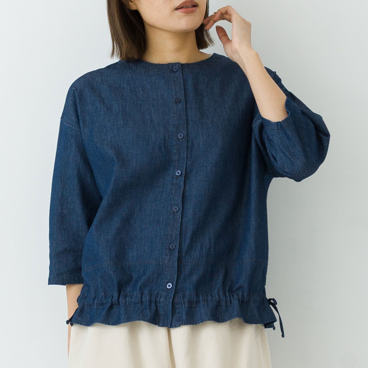 【kermu】薄身丹寧抽繩寬版襯衫 Japan E-Shop