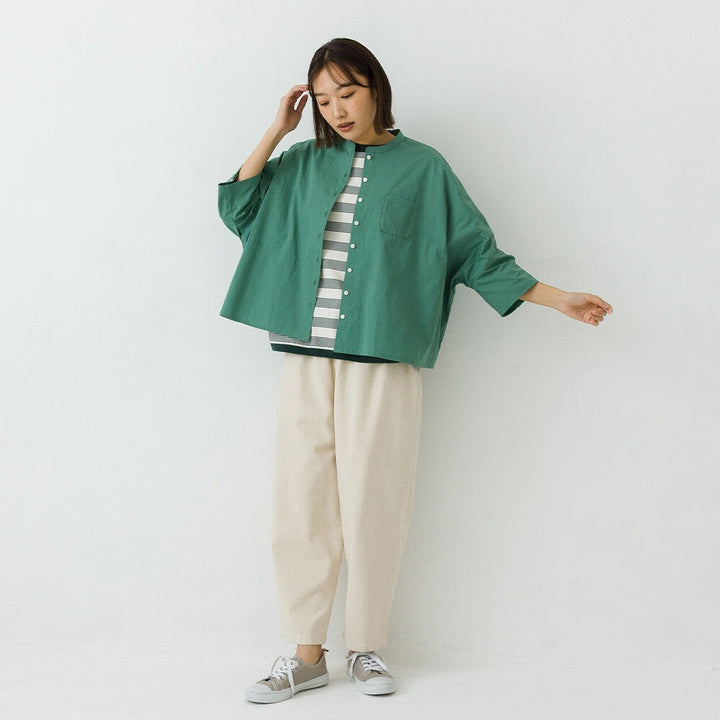 【kermu】純棉府綢立領七分袖寬版襯衫 Japan E-Shop