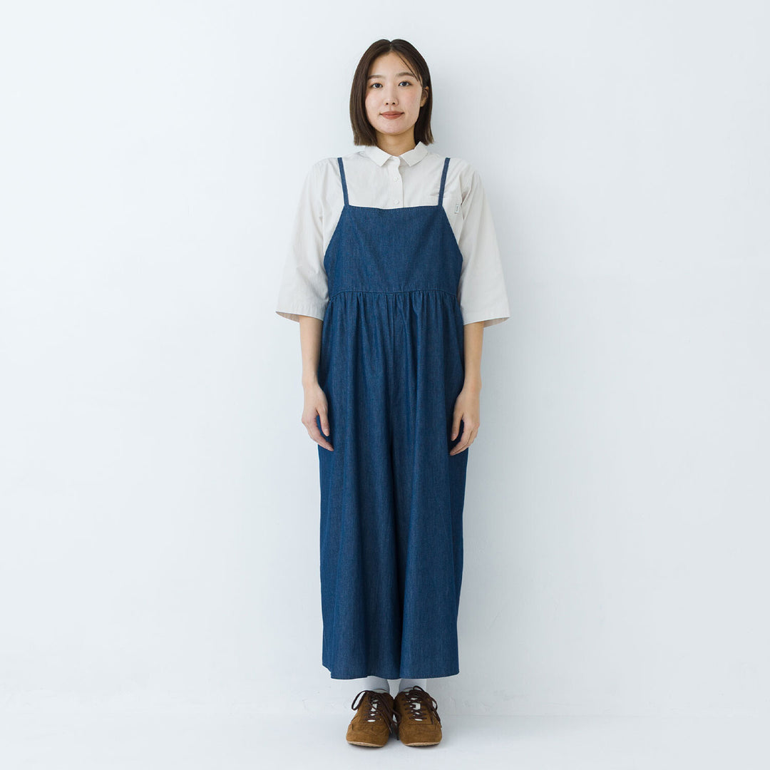 【kermu】輕磅棉質丹寧寬版吊帶連身褲 Japan E-Shop