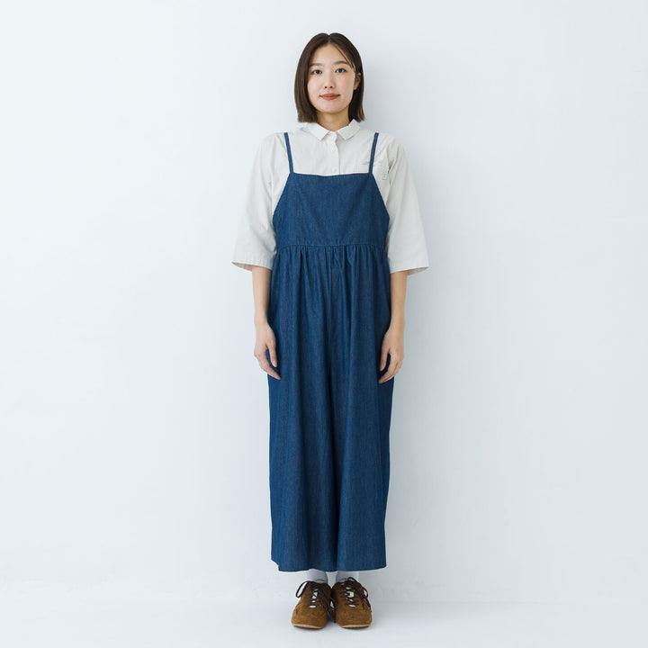 【kermu】輕磅棉質丹寧寬版吊帶連身褲 Japan E-Shop