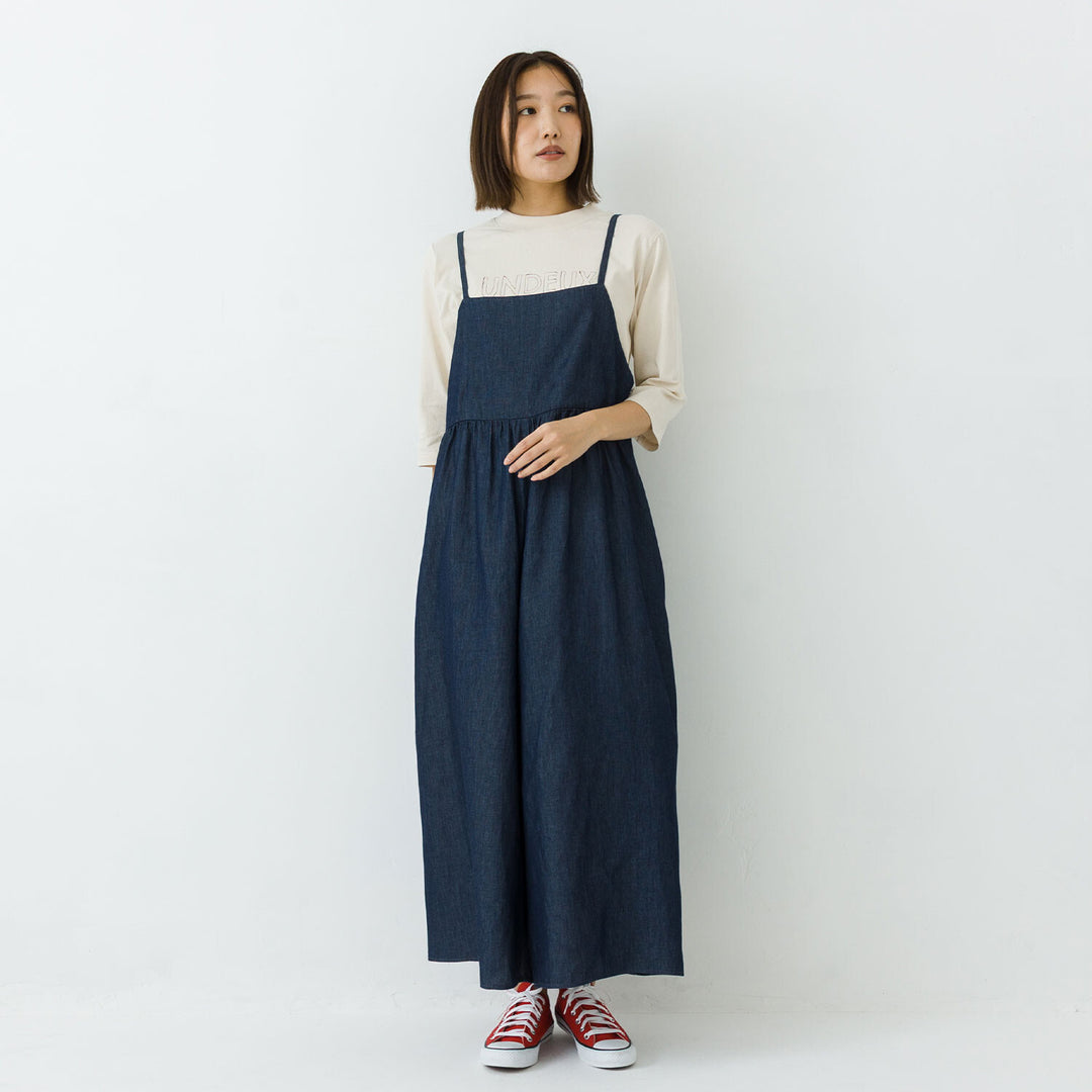 【kermu】輕磅棉質丹寧寬版吊帶連身褲 Japan E-Shop