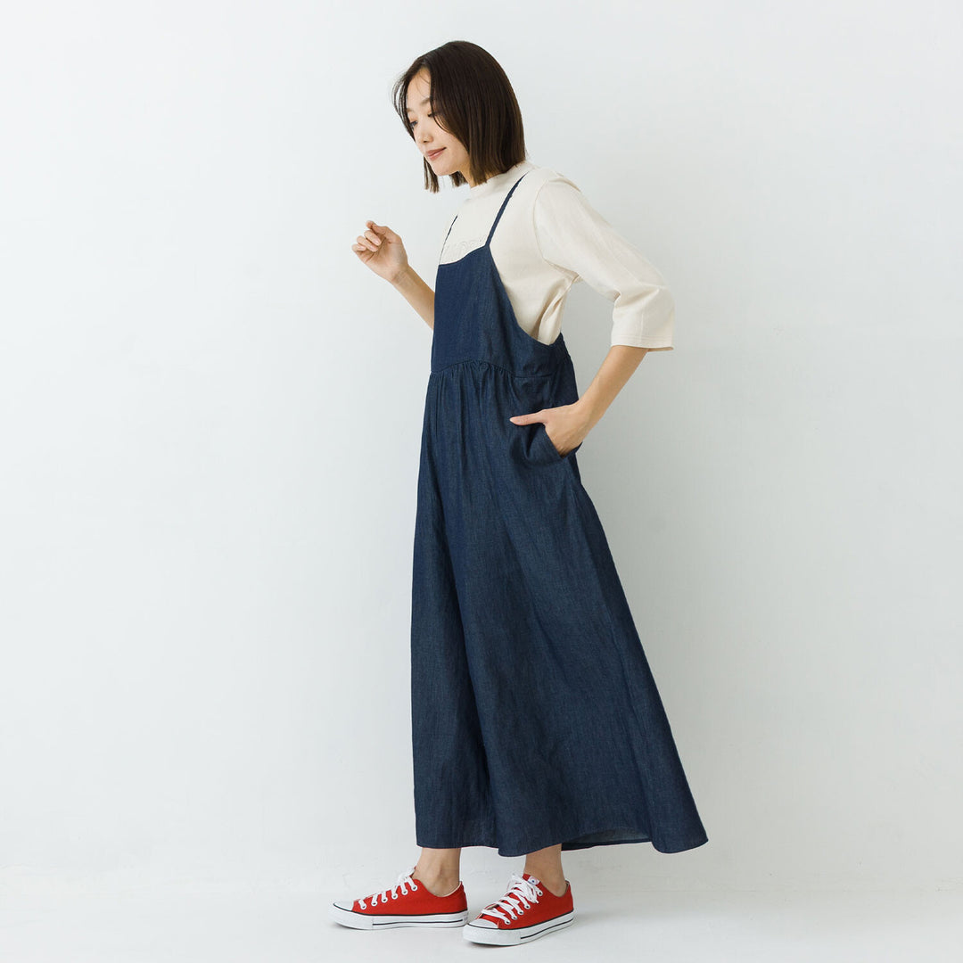【kermu】輕磅棉質丹寧寬版吊帶連身褲 Japan E-Shop