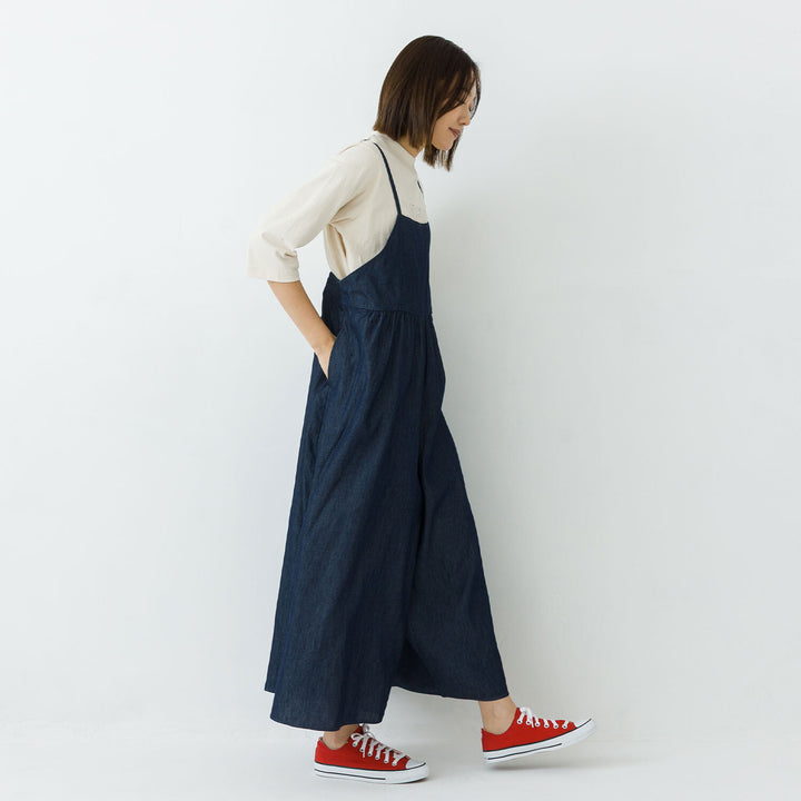 【kermu】輕磅棉質丹寧寬版吊帶連身褲 Japan E-Shop