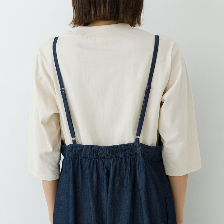 【kermu】輕磅棉質丹寧寬版吊帶連身褲 Japan E-Shop