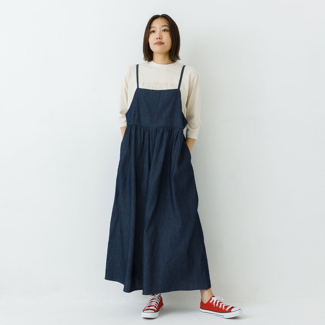 【kermu】輕磅棉質丹寧寬版吊帶連身褲 Japan E-Shop