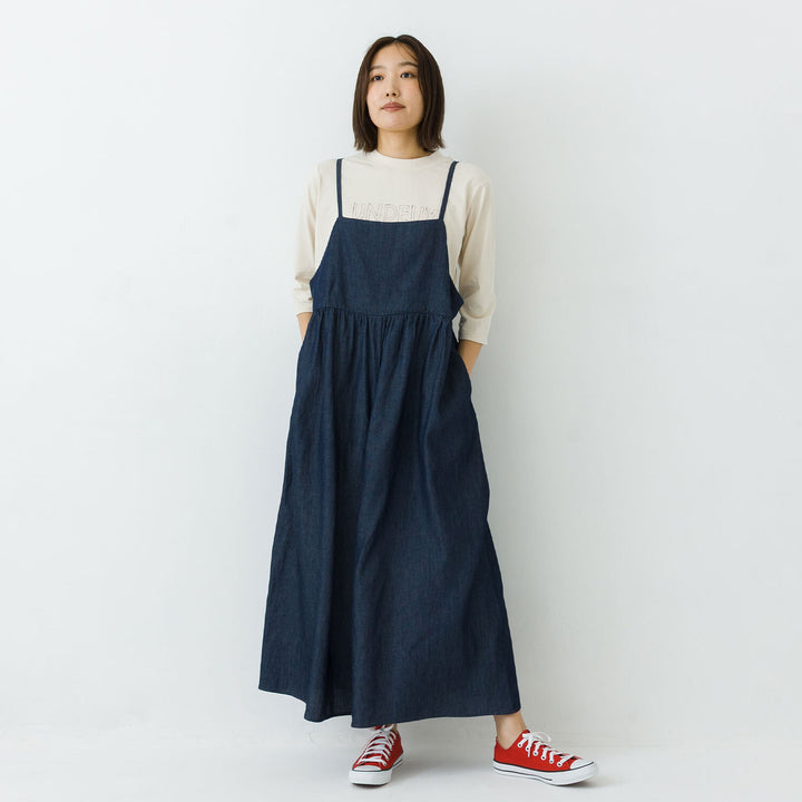 【kermu】輕磅棉質丹寧寬版吊帶連身褲 Japan E-Shop