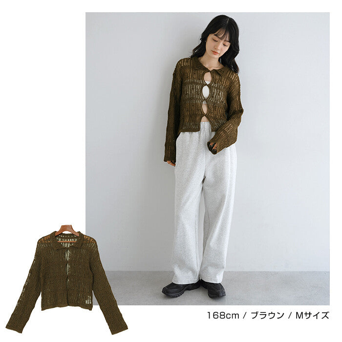 【Alma Design】小翻領鏤空編織針織開襟衫 輕薄短版 顏色