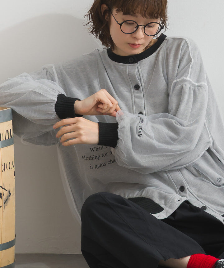 【iriey】薄紗拼接 半拉鍊印花 寬鬆套頭衫 Japan E-Shop