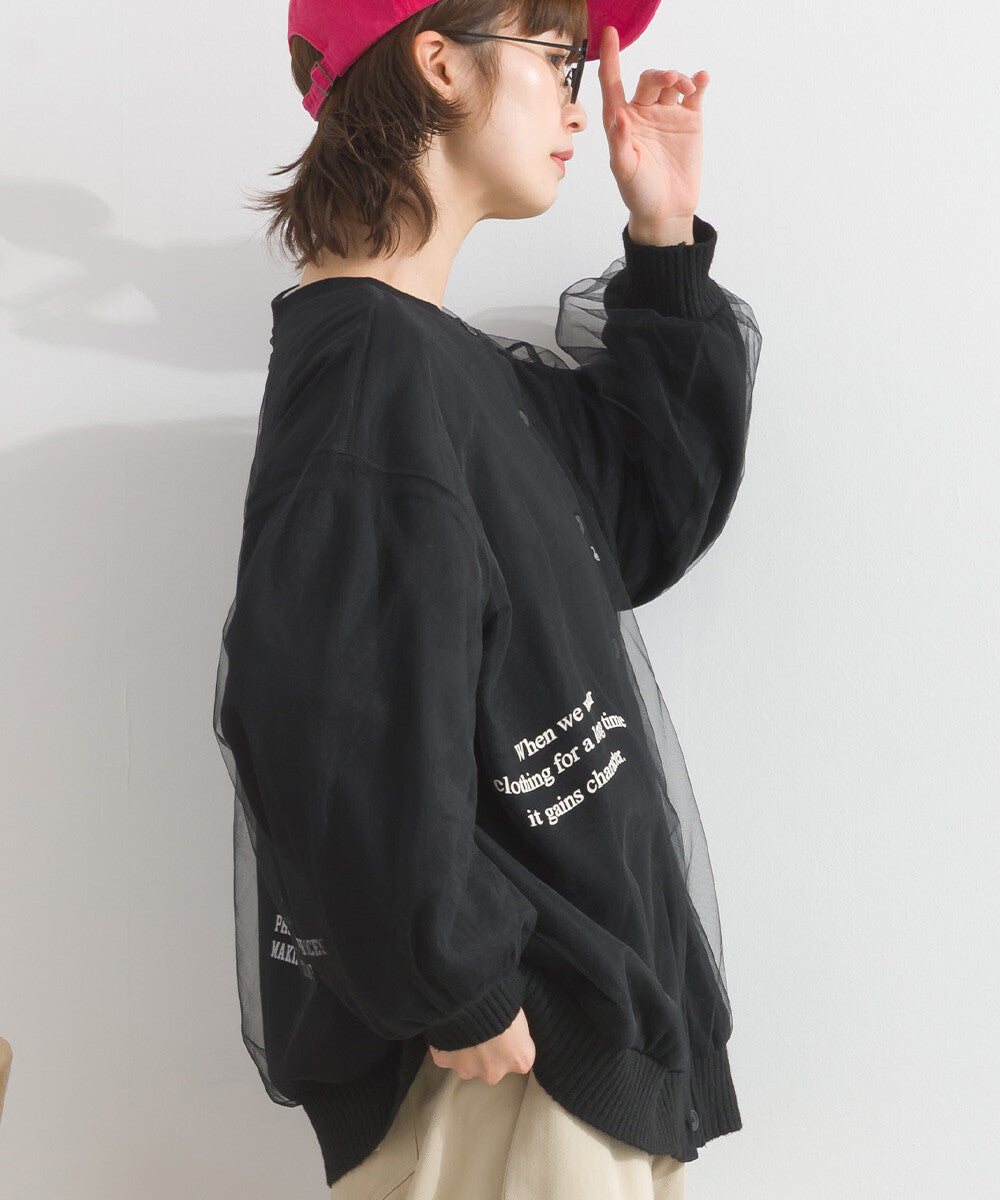 【iriey】薄紗拼接 半拉鍊印花 寬鬆套頭衫 Japan E-Shop