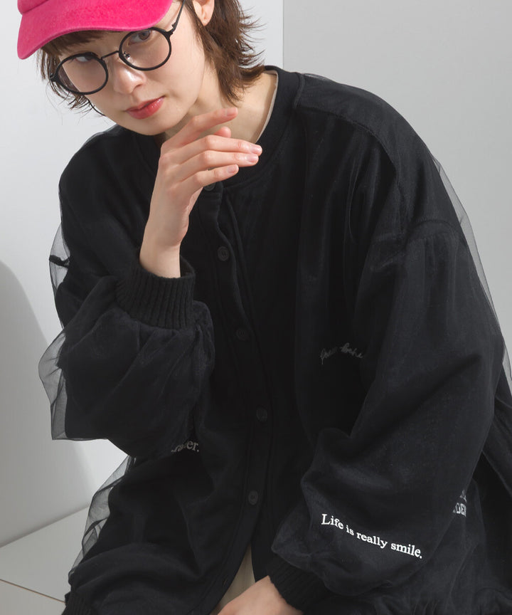 【iriey】薄紗拼接 半拉鍊印花 寬鬆套頭衫 Japan E-Shop